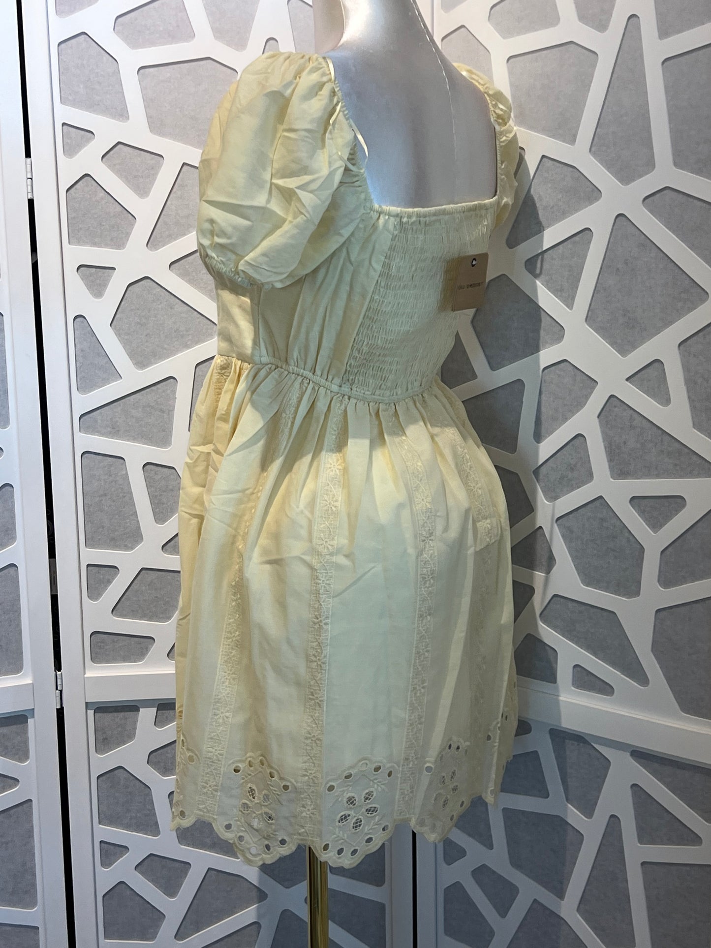 Embroidered Puff Sleeve Scallop Hem Mini Dress