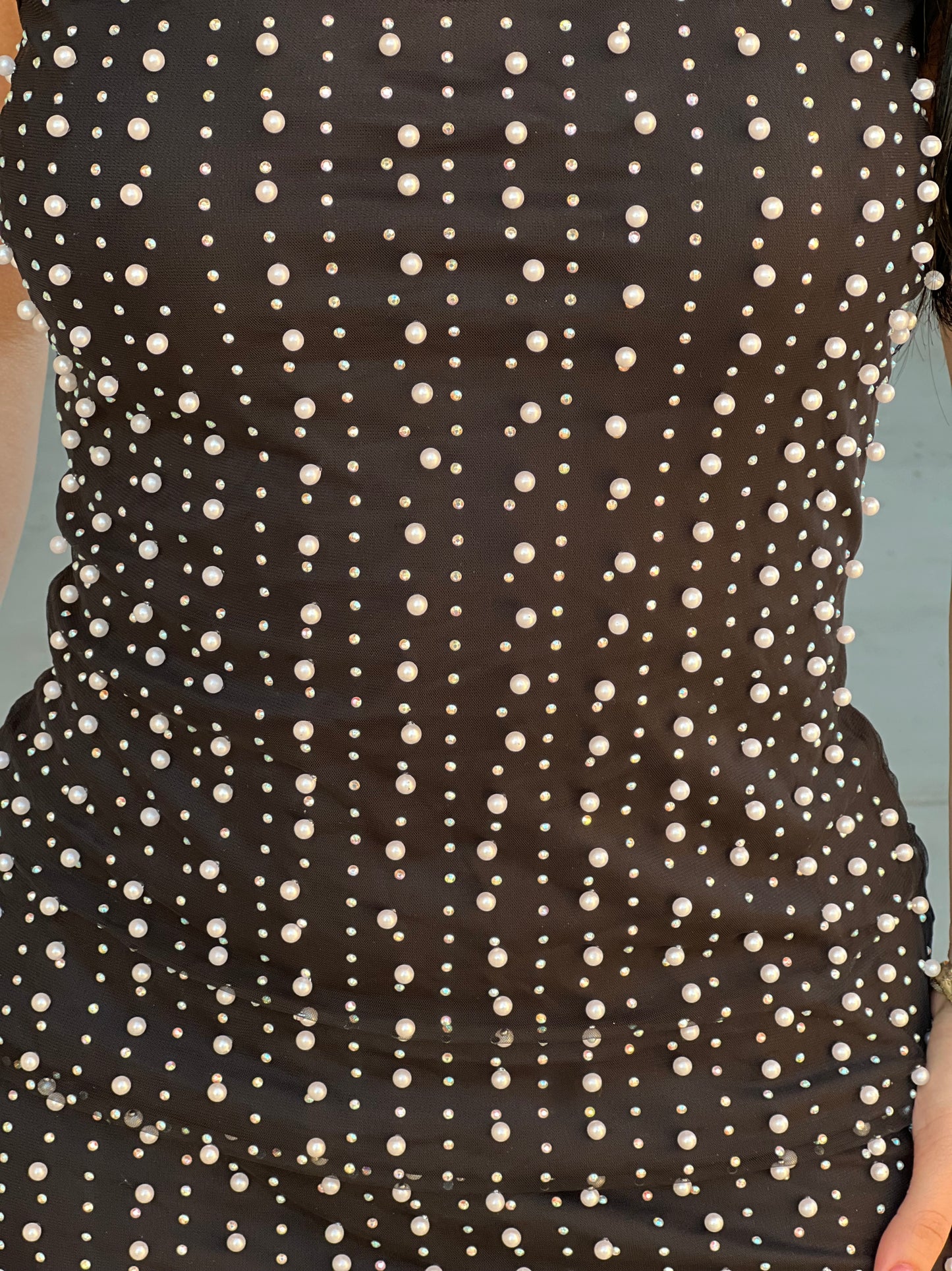 Mesh Inside Lining Pearl Beaded MINI Rhinestones Dress