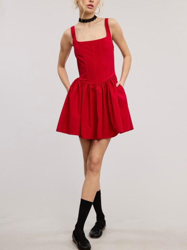 CORSET BODICE CINCHED WAIST FLARED DRESS