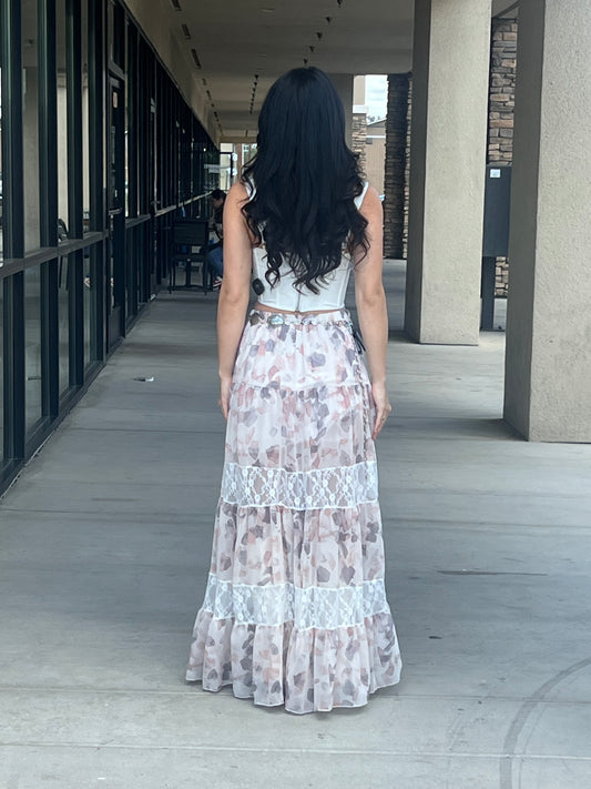 Lace Inset Tiered Maxi Skirt With Side Slit