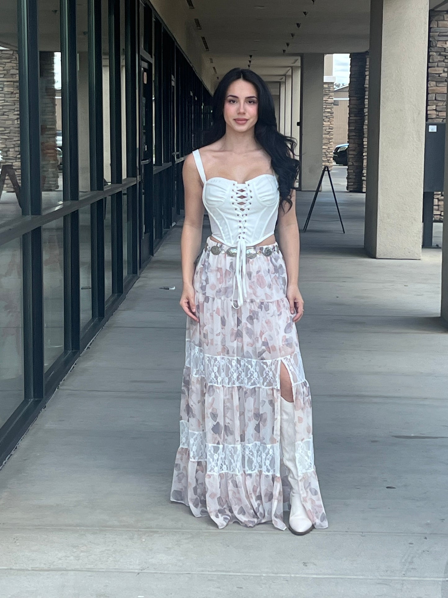 Lace Inset Tiered Maxi Skirt With Side Slit