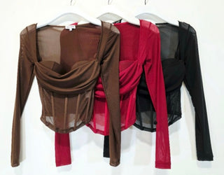 Mesh long sleeve drape front shirt