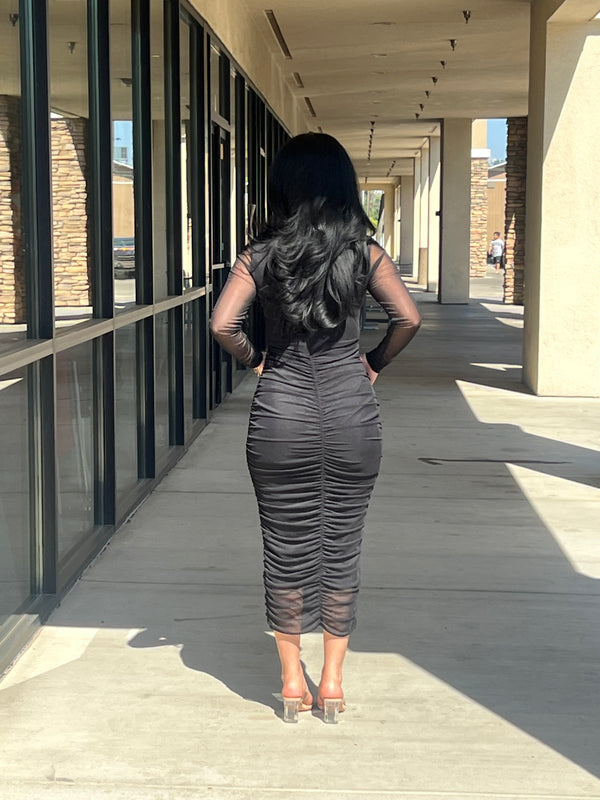 V-neck, Shirring Bottom Part Midi Dress