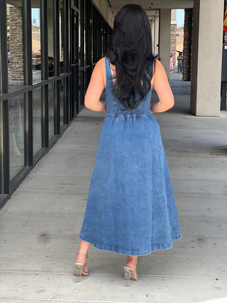 Sweetheart Button-down Denim Skater Midi Dress