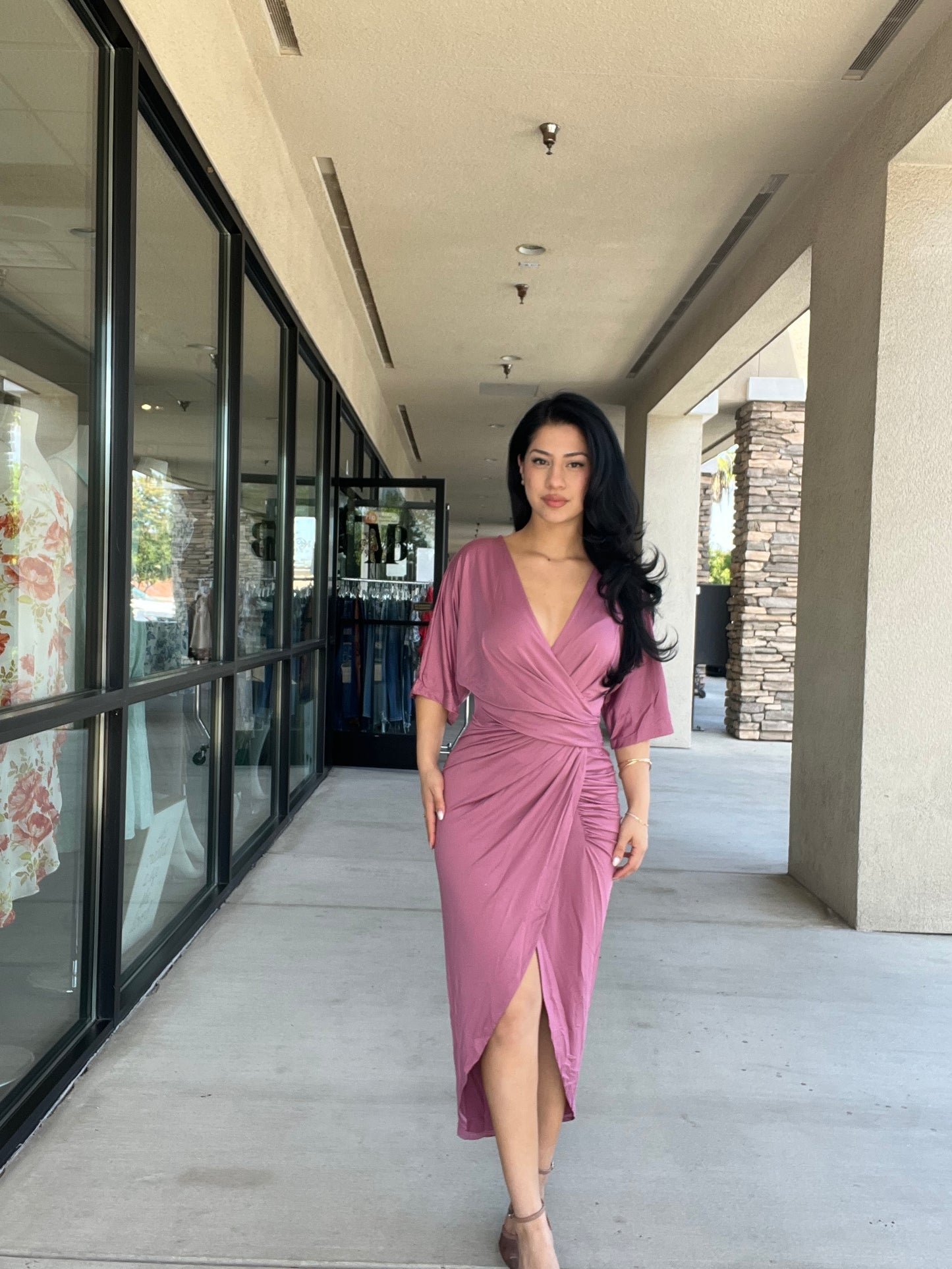 V NECK VENETIAN RUCHED BODYCON DRESSES