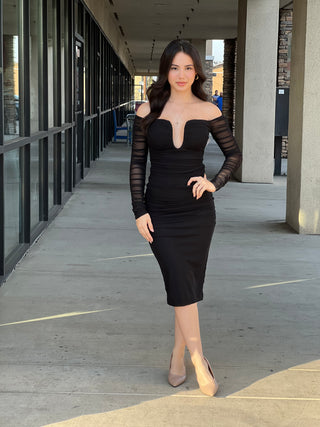 MESH OFF SHOLDER LONG SLEEVE MIDI DRESS