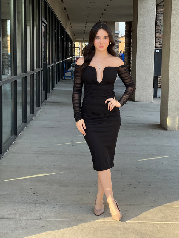 MESH OFF SHOLDER LONG SLEEVE MIDI DRESS