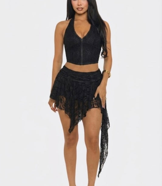 LACE ASYMM HALTER MINI SET