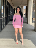 OFF SHOULDER LONG SLEEVE RUCHED MINI DRESS