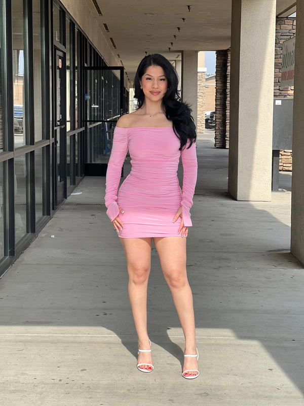 OFF SHOULDER LONG SLEEVE RUCHED MINI DRESS