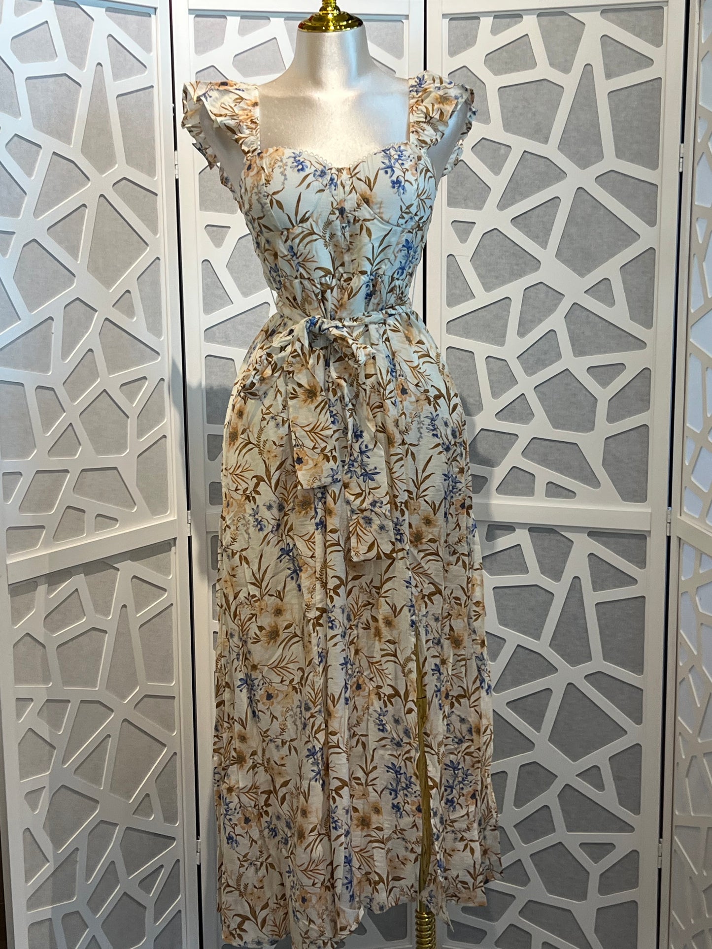 Floral waist tie front slit sleeveless midi dress
