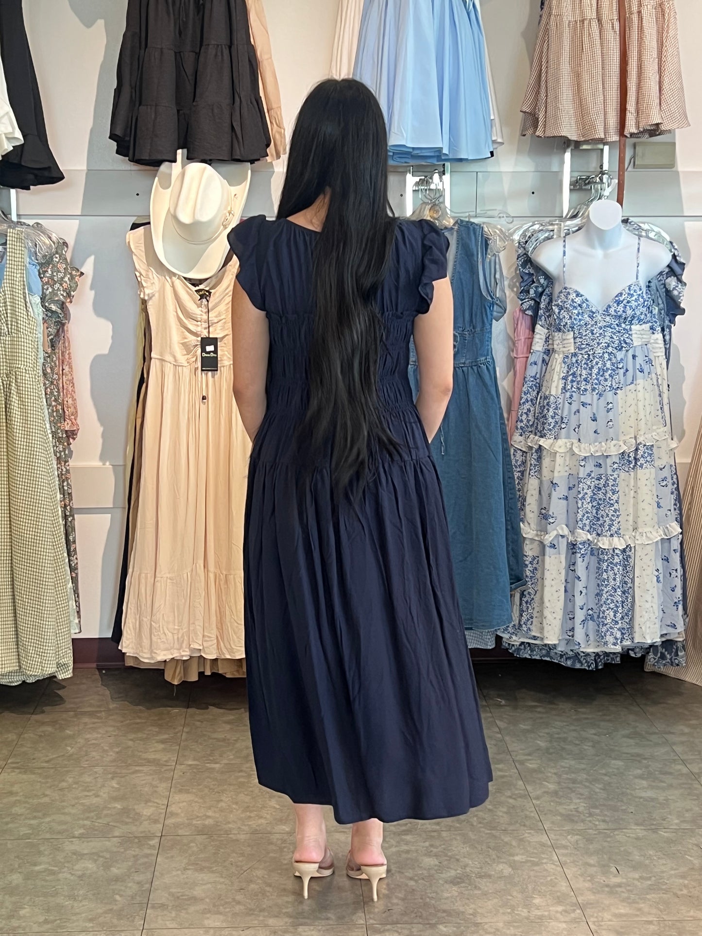 Shirred Bodice Ruffle Sleeve Midi Dress NAVY