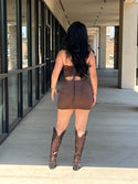 BROWN STRETCH SUEDE EMBROIDERED BOOT STITCH TIE UP BACK DRESS