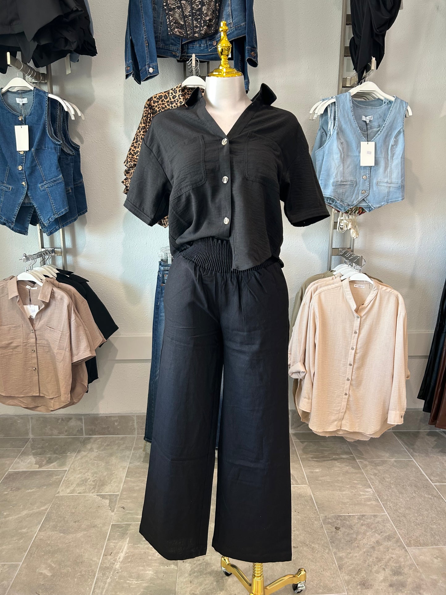 Smocked Wide-leg Linen Pants