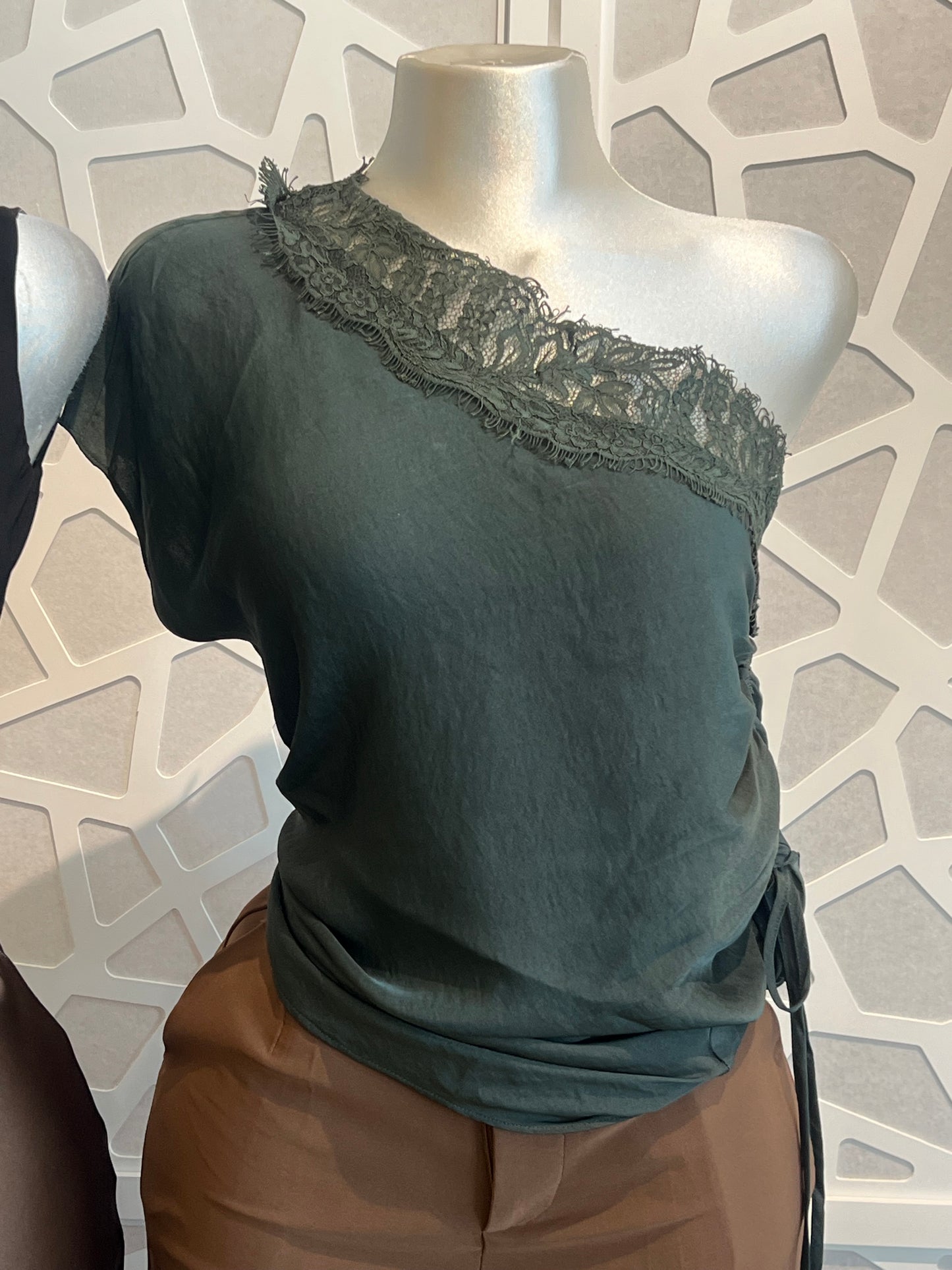 Draped Off Shoulder Lace Trim Blouse