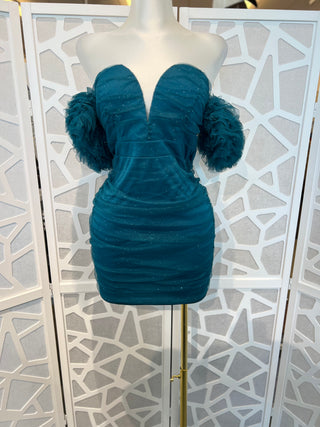 GLITTERED LAYERED PUFF RUFFLE SLEEVE MINI DRESS
