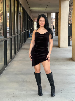Velvet Cross Back Tie Side Asymmetrical Hem Dress