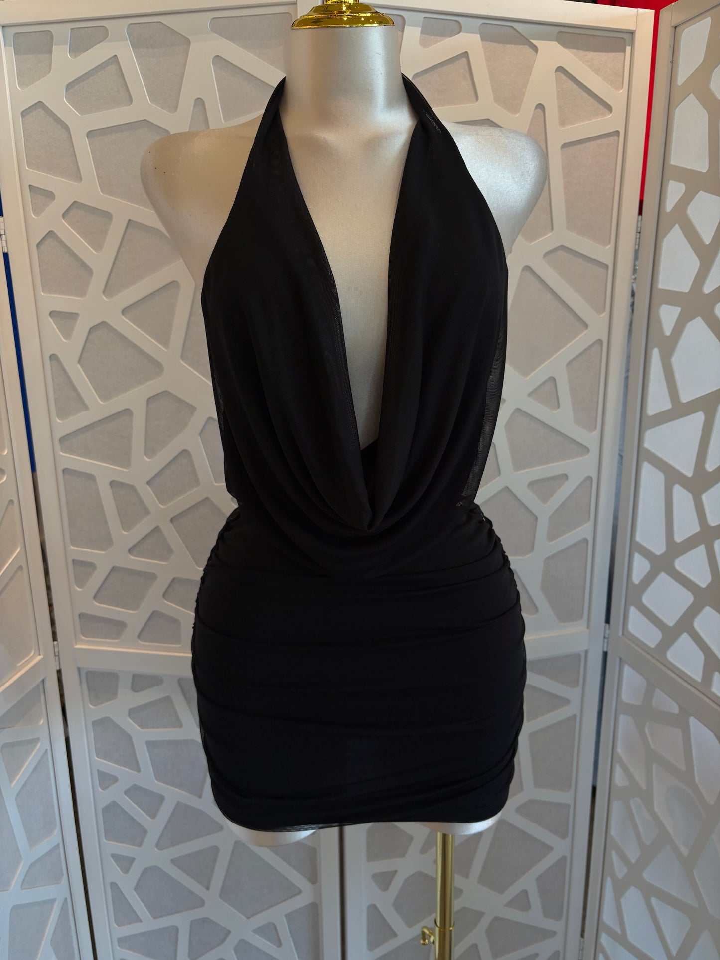 HALTER COWL NECK MESH MINI DRESS