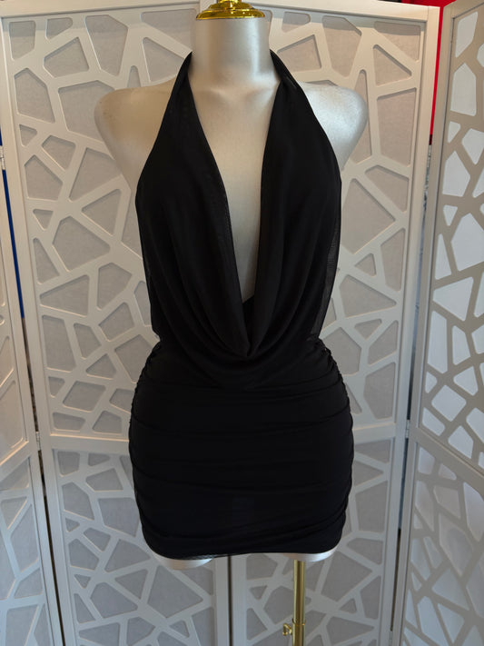 HALTER COWL NECK MESH MINI DRESS