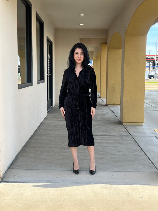 Velvet Pleated Button-down Shirt Dress