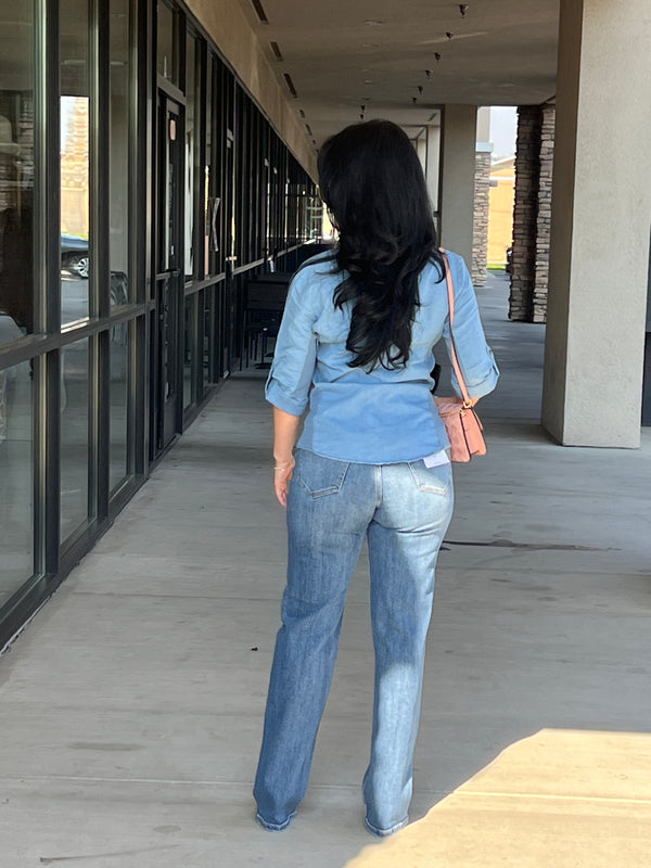 Button Down Chambray Denim Shirt With Side Rib