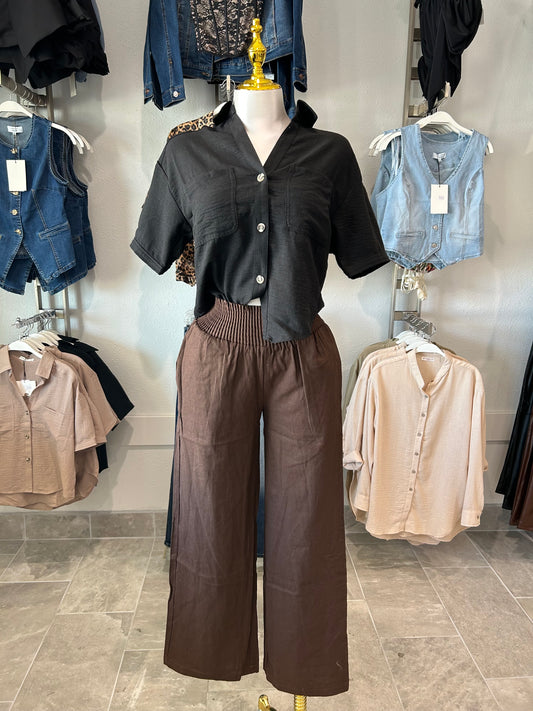 Smocked Wide-leg Linen Pants