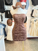 BROWN STRETCH SUEDE EMBROIDERED BOOT STITCH TIE UP BACK DRESS