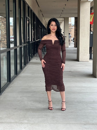 OFF SHOULDER MESH MIDI DRESS