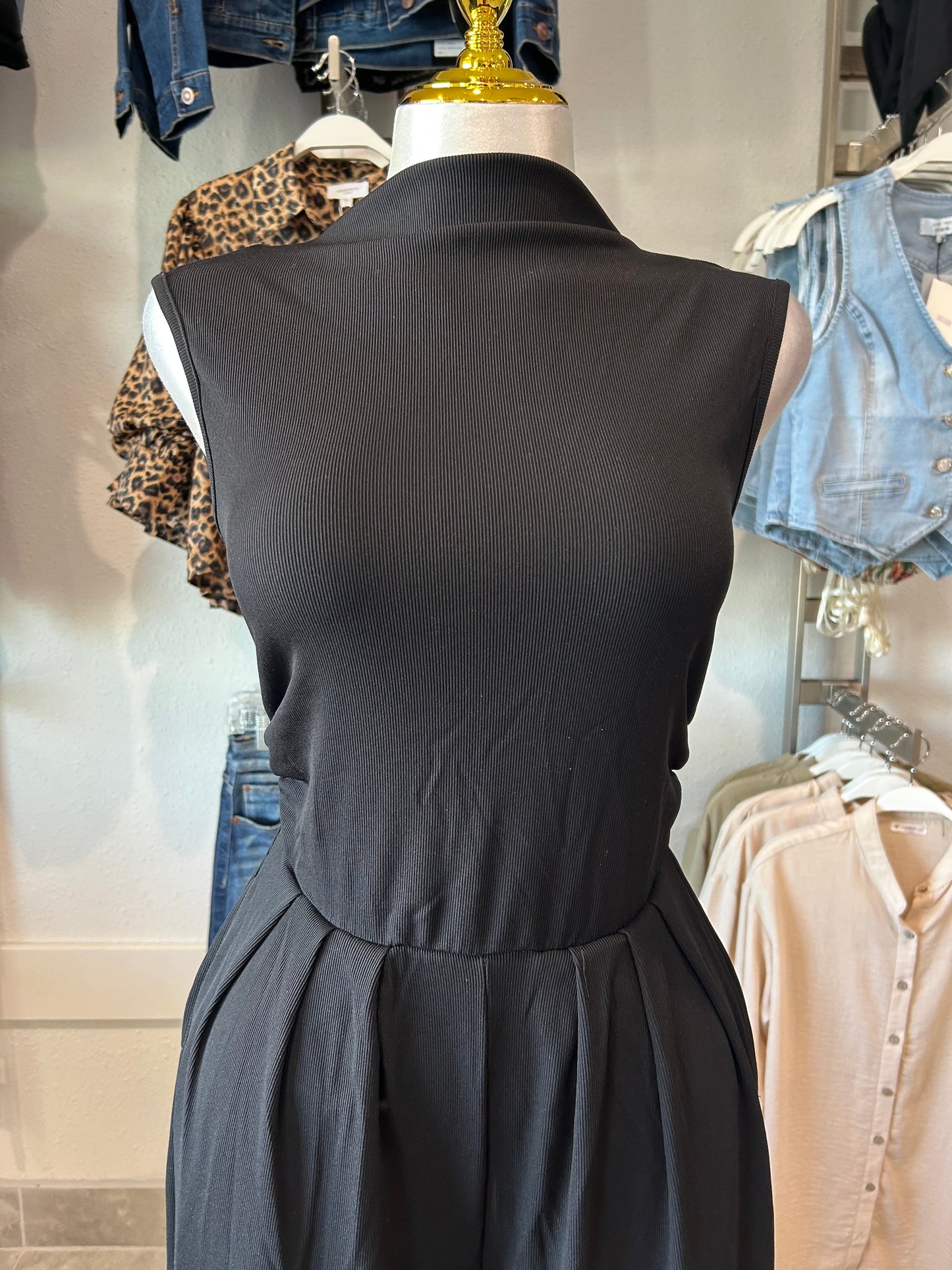 Sleeveless High Neck Pleated Rib Jumpsuit