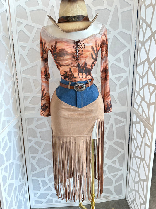 Fringe Detail Mixed Media Mini Skirt