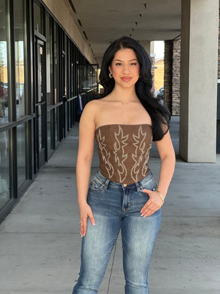 BECKEE PU Vegan Leather Embroidered Western Corset Top