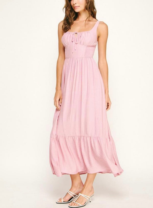 FRONT TIE SMOCKED RUFFLE MAXI DRESS