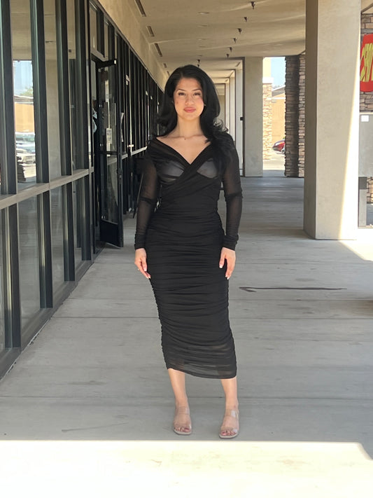 Show Off Mesh Mock Neck Ruched Midi Dress