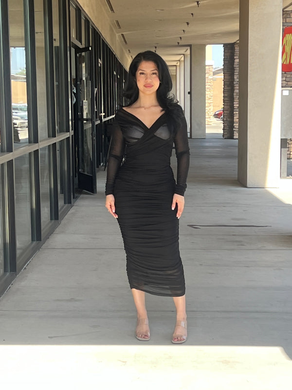 Show Off Mesh Mock Neck Ruched Midi Dress