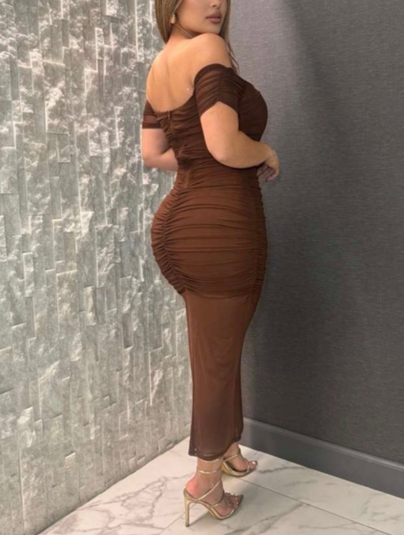 Midi off the shoulder mesh dress.
