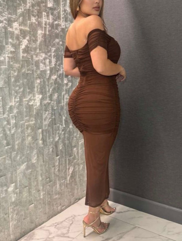 Midi off the shoulder mesh dress.