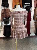TWEED OFF SHOULDER RUFFLE MINI DRESS