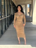 Show Off Mesh Mock Neck Ruched Midi