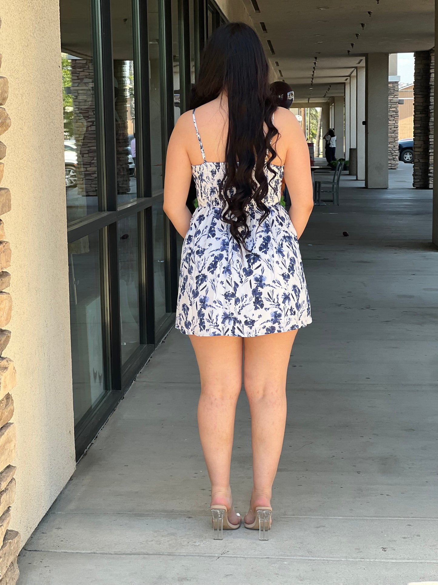 Floral front tied back smocked dress