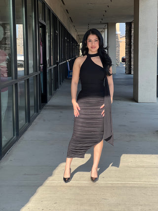 LUXE MESH ASYMMETRIC BACK DRAPED RUCHED
MIDI DRESS