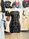 BLACK STRETCH SUEDE EMBROIDERED BOOT STITCH TIE UP BACK DRESS