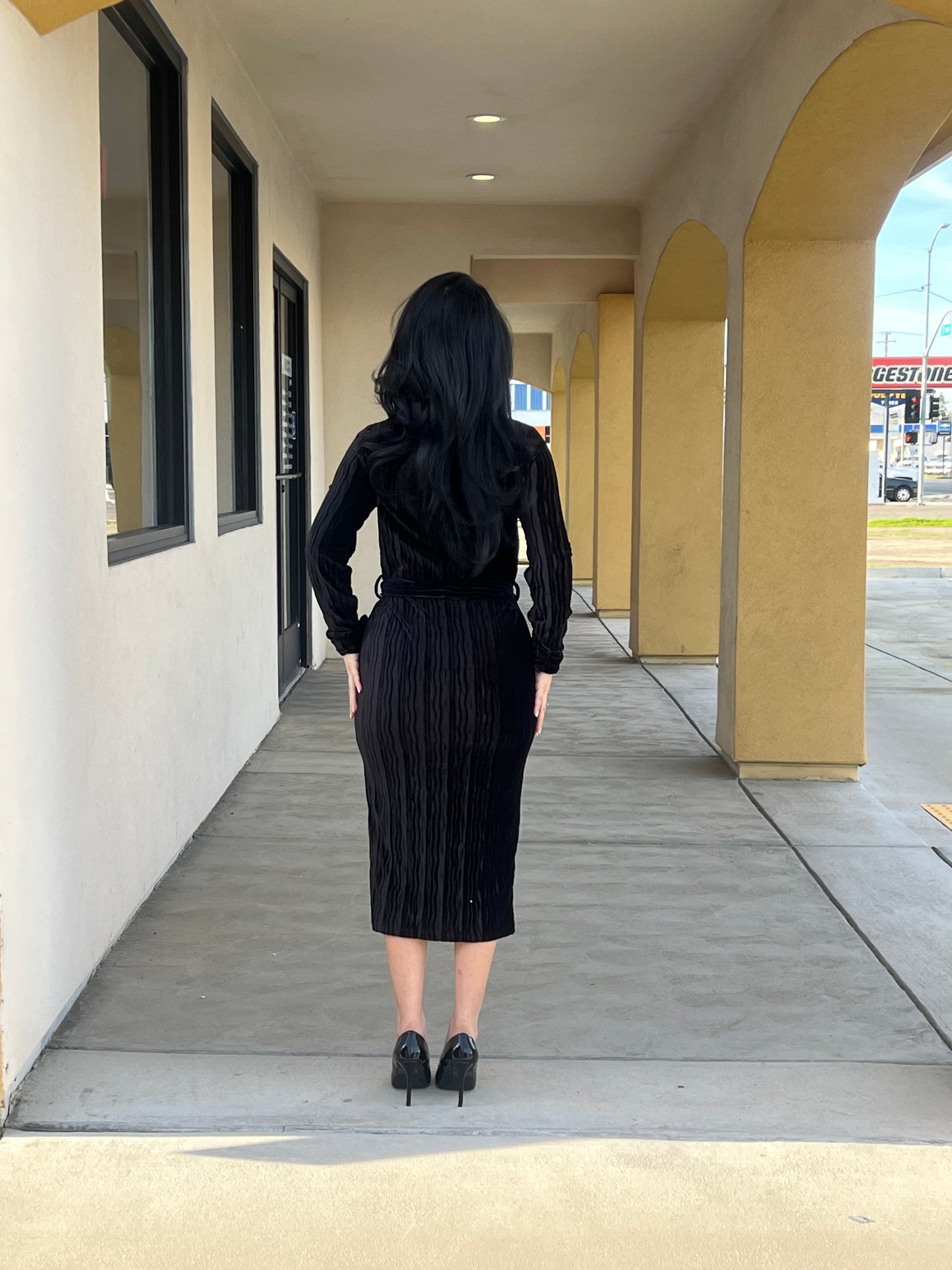 Velvet Pleated Button-down Shirt Dress
