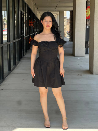Puff sleeve front tie corset a line dress