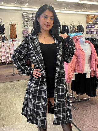 Black checkered long length coat