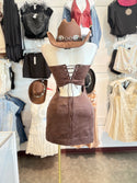 BROWN STRETCH SUEDE EMBROIDERED BOOT STITCH TIE UP BACK DRESS