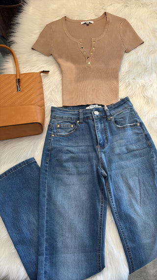 Tan gold button detail crop top