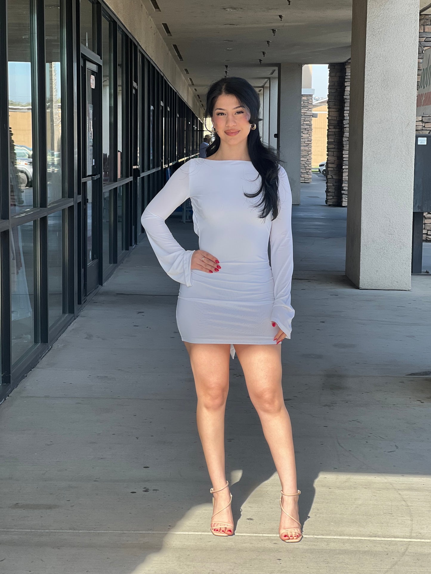 LONG BELL SLEEVE OPEN BACK BOW MINI DRESS