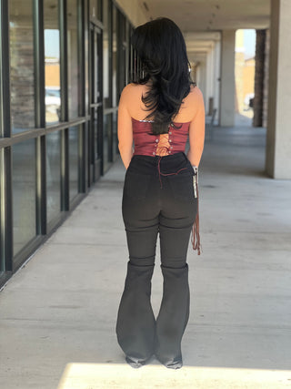 Scarlet Vegan Leather Embroidered Western Corset Top (Dark red)