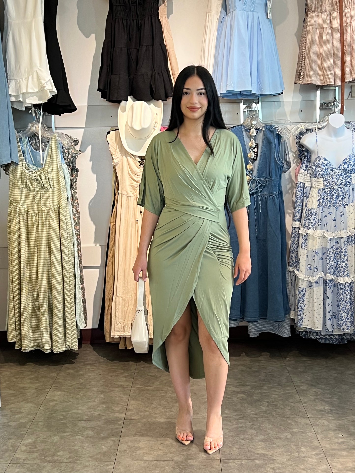 V NECK VENETIAN RUCHED BODYCON DRESSES