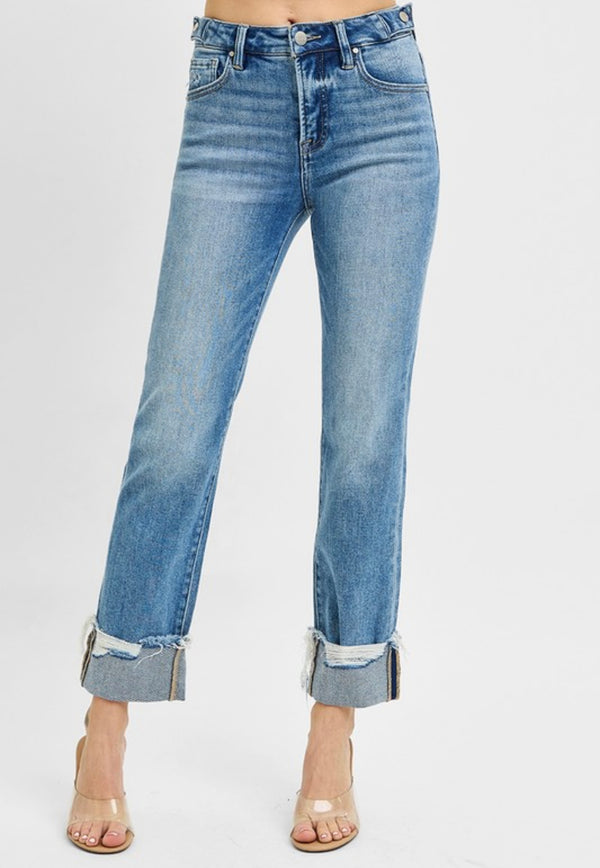 RISEN Tummy Control High Rise Crop Straight Cuffed Jeans